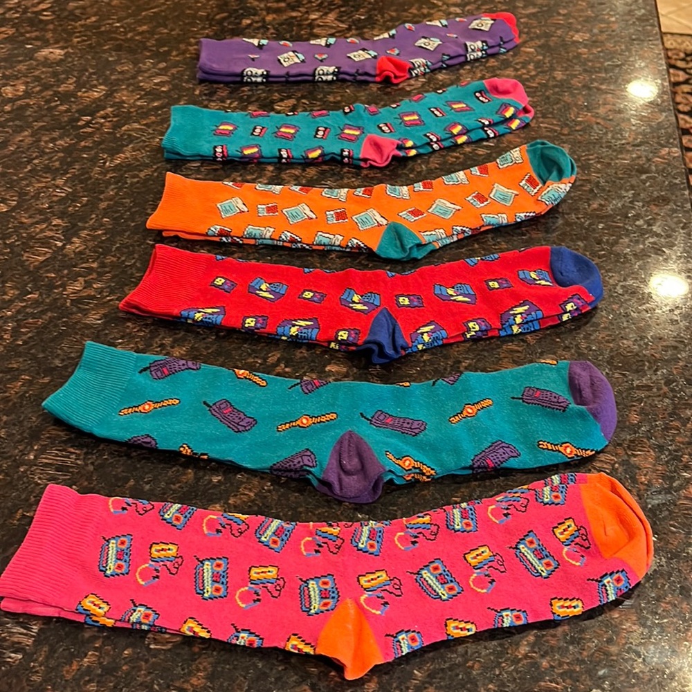 Men’s 6 Pairs Of Crazy Crew Socks Bright Colors With Printed Objects